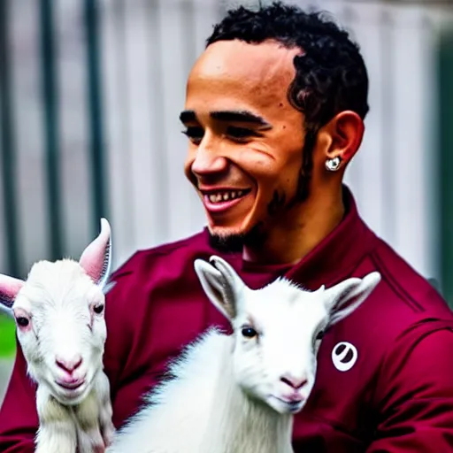 Image similar to an award winning photo of lewis hamilton holding a baby goat, 4 k