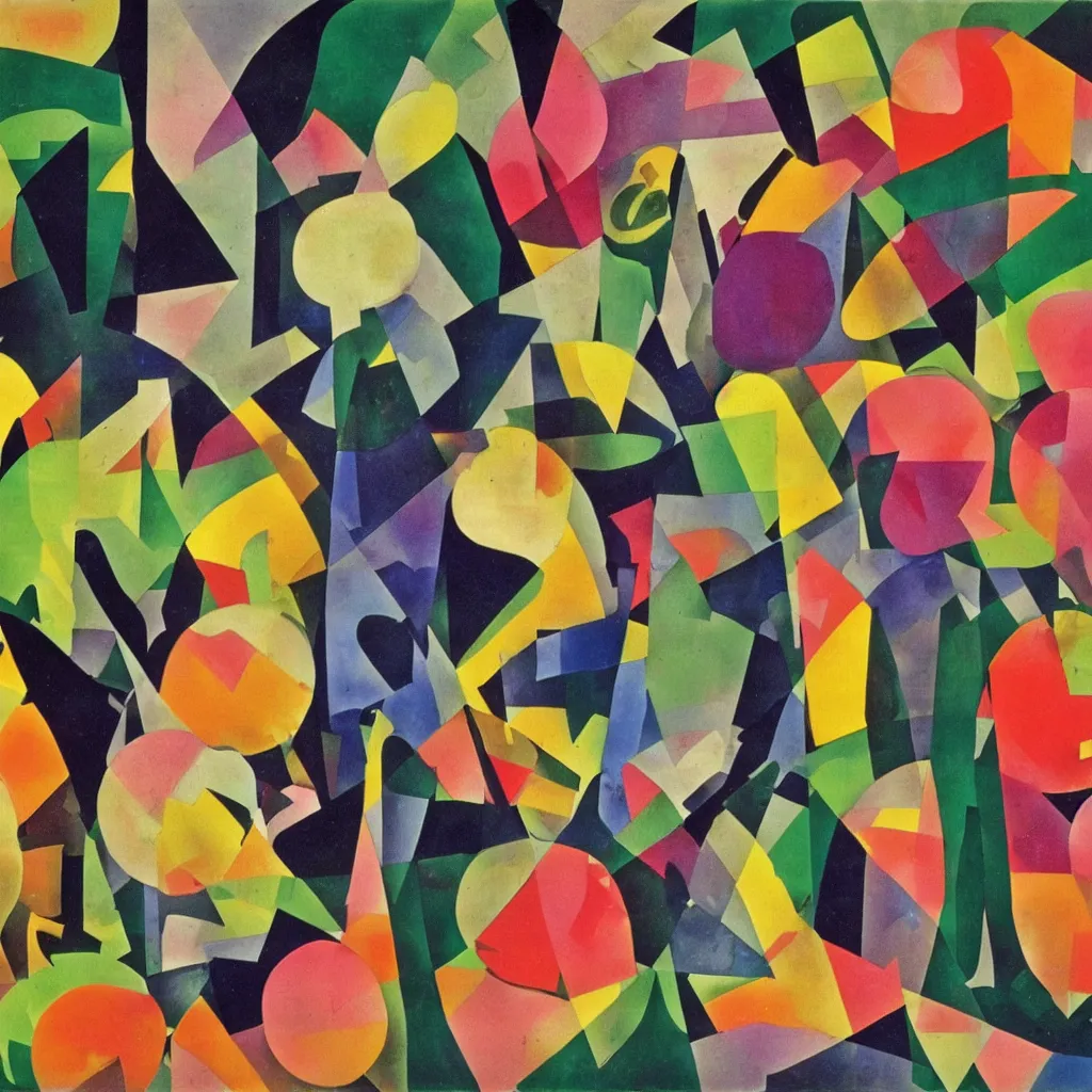 Prompt: apples and mangos in the style of eileen agar, surreal, noise, stroke cutout album cover art