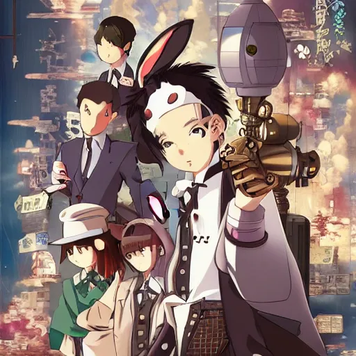 Image similar to film still Mechancial Bunny, a steampunk anime about scientists creating a mechanical bunny, art by Dice Tsutsumi, Makoto Shinkai, Studio Ghibli, playstation 2 printed game poster cover, cover art, poster, poster!!!