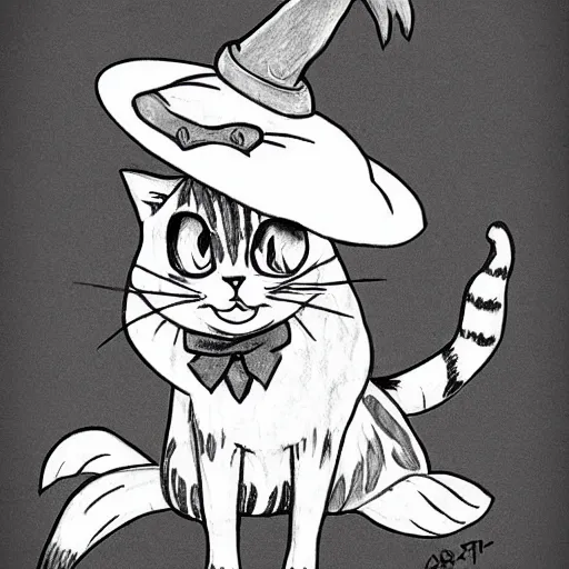 Image similar to drawing of a cat using witch hat. cartoon. cute. anime style.