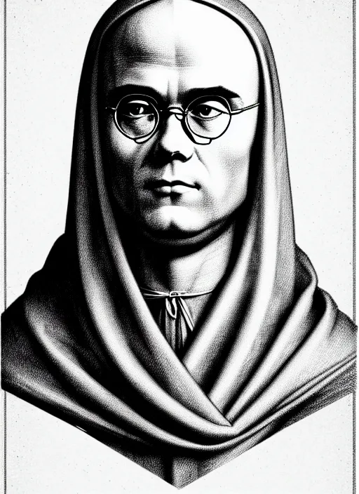 Image similar to portrait saint maximilian kolbe graphic in the art style of leonardo da vinci pencil, ultra detailed illustration vector line pencil highly detailed