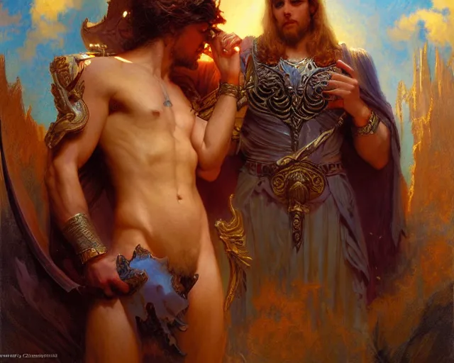 Image similar to attractive pagan male deity, summons handsome lucifer morning star. highly detailed painting by gaston bussiere, craig mullins, j. c. leyendecker 8 k