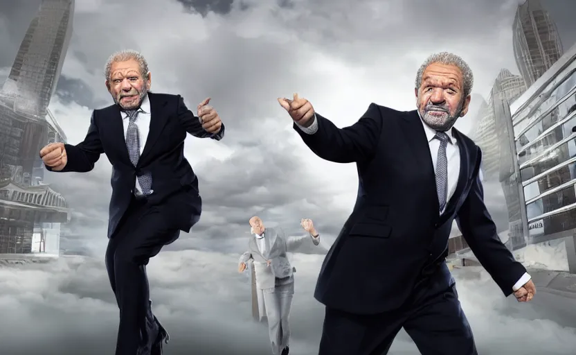 Image similar to alan sugar running in a confusing dream sequence. the apprentice