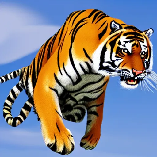 Image similar to a tiger jumping off a cliff with a parachute