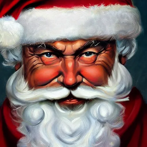 Image similar to an ultra - realistic portrait painting of santa claus in the style of frank frazetta. 4 k. ultra - realistic. highly detailed. dark fantasy. epic lighting.