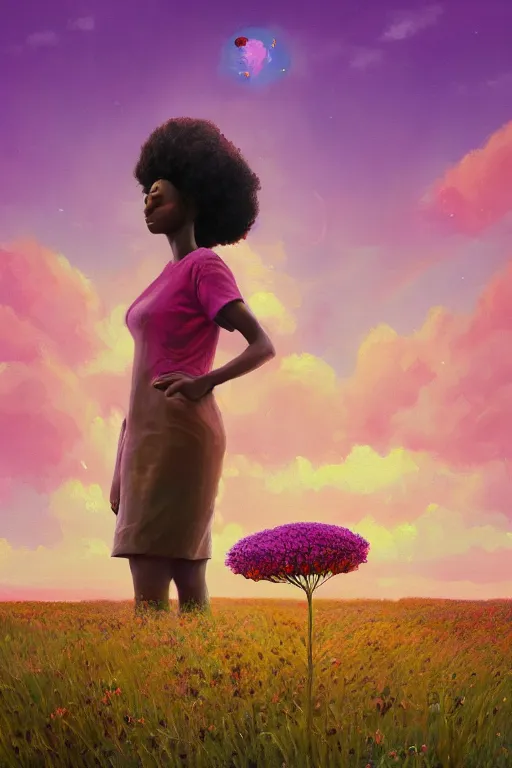 Prompt: closeup, enormous flower as head, an african woman in heather field, surreal photography, golden hour, colorful clouds, impressionist painting, digital painting, artstation, simon stalenhag