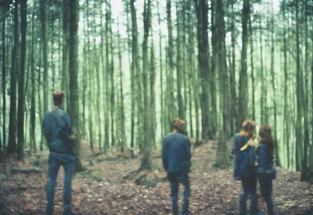 Image similar to lomo photo of two humans standing in front of a large forest cabin, cinestill, bokeh, out of focus, day, dramatic lighting