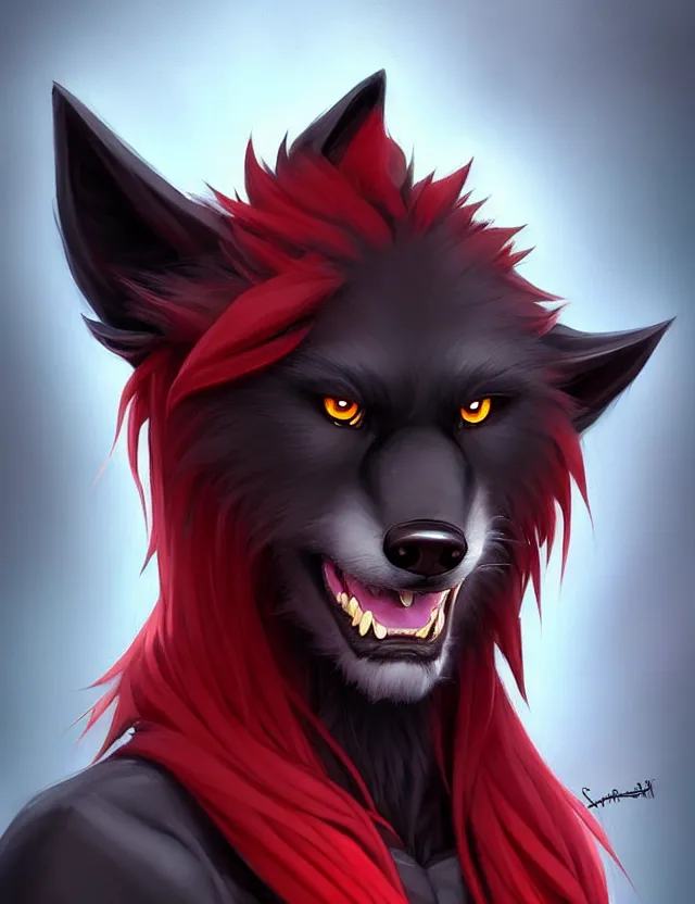 Image similar to character concept art of a black anthropomorphic male furry wolf long red hair | | cute - fine - face, pretty face, key visual, realistic shaded perfect face, fine details by stanley artgerm lau, wlop, rossdraws, james jean, andrei riabovitchev, marc simonetti, and sakimichan, trending on artstation