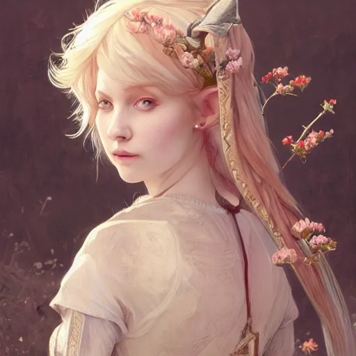 Image similar to elf fairy blond with a beautiful face, holding a lute, wearing a cardigan, highly detailed, intricate, digital painting, artstation, sharp focus, illustration, art by jakub rozalski, greg rutkowski, artgerm, tan zi and ayanamikodon and alphonse mucha and wlop