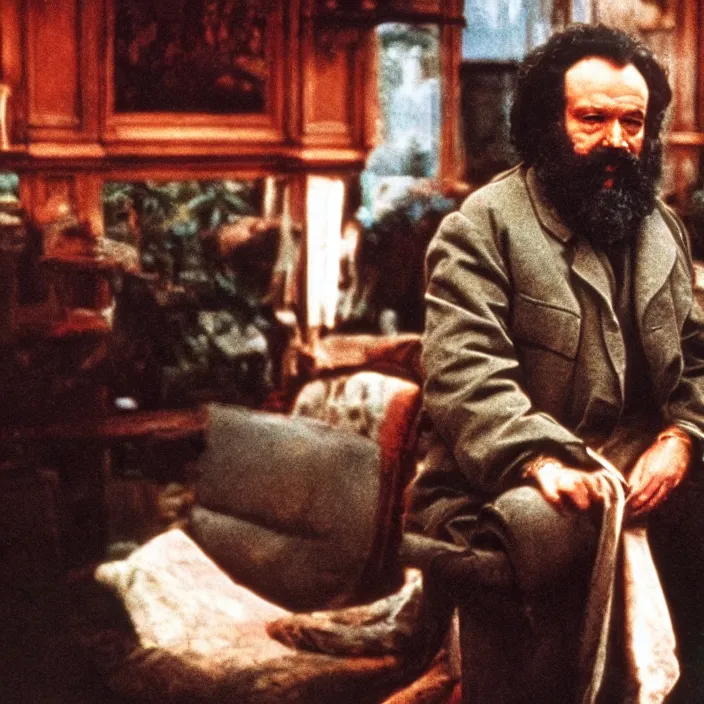 Prompt: very detailed 70s movie still of Karl Marx, cinestill 800t 10mm 4k, grainy picture