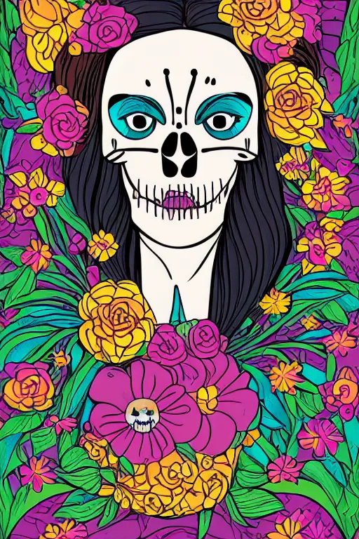 Image similar to portrait of a flower skeletor girl, art by milka oxana, sticker, colorful, illustration, highly detailed, simple, smooth and clean vector curves, no jagged lines, vector art, smooth