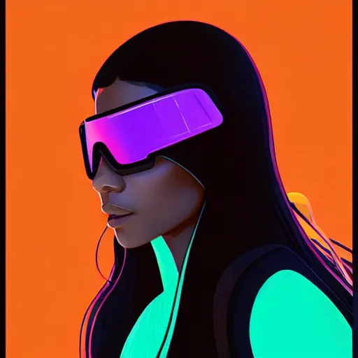 Image similar to zendaya wearing opaque reflective goggles profile picture by Greg Rutkowski, brown skin, very long hair, dune, asymmetrical, futuristic, neon volumetric lights, cool colors, streetwear, studio ghibli, Organic Painting , Matte Painting, geometric shapes, hard edges, street art, trending on the artstation, fantasy LUT, realistic by Sachin Teng + Martin Grip + Moebius, techwear, Industrial Scifi, detailed illustration, character portrait, dramatic, graphic,