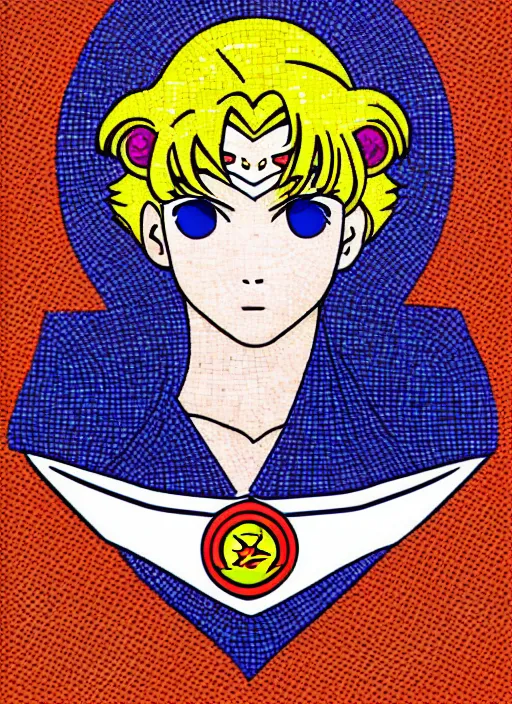 Image similar to perfectly centred portrait of sailor moon, looking in the mirror, in a business suit, futuristic, highly detailed, sharp focus, byzantine mosaic