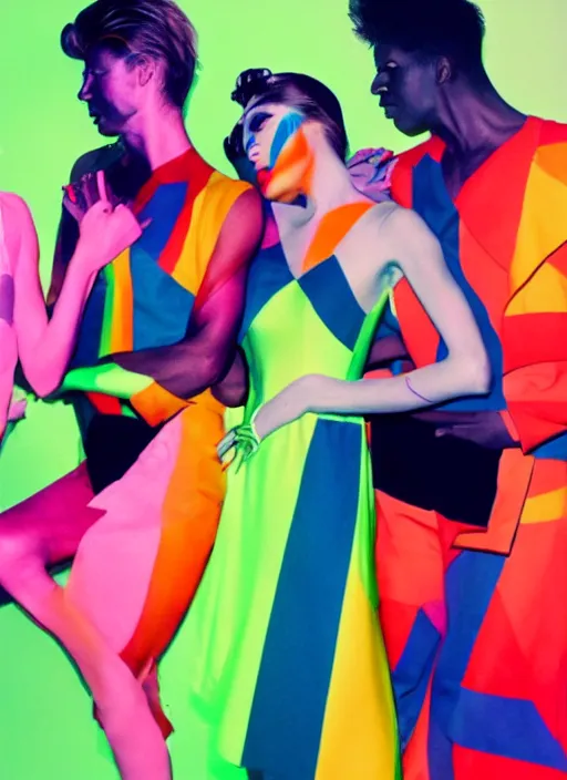 Image similar to david bowie music clip with dancers dressed by sonia delaunay clothing, neon lights, photorealistic, eastman kodak