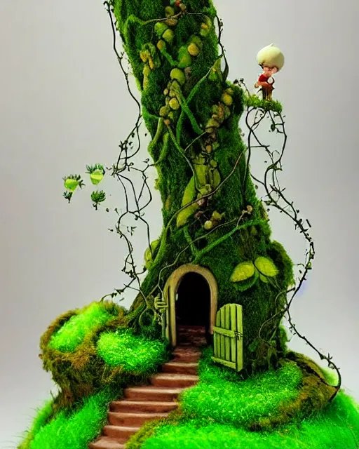 Image similar to beautiful fabulous magical diorama scene of a whimsical beanstalk growing up to the clouds, epic lighting, vines and moss, natural green in the style of studio ghibli hayao miyazaki jack and the beanstalk