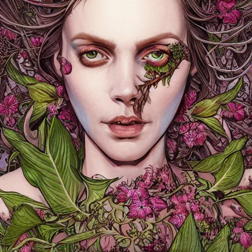 Image similar to a beautiful detailed front view portrait of a rotten woman corpse with plants and fractal flowers growing around, artgerm, joshua middleton comic cover art,