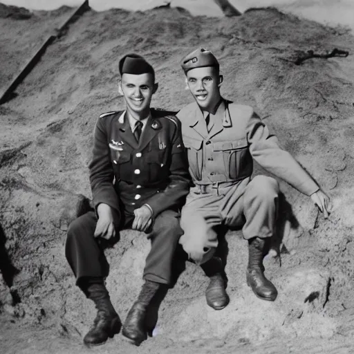 Prompt: a professional photograph of two handsome young wwii soldiers finding love in the bunkers