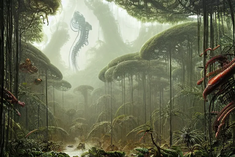 Prompt: a surreal and awe - inspiring rainforest scene with colony of xenomorph aliens, intricate, elegant, highly detailed matte painting by ernst haeckel and simon stalenhag