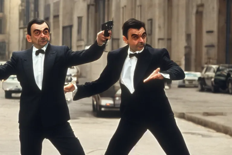 Image similar to mr bean from 1 9 9 0 s as james bond in an action scene fighting a villain, professional photography, 8 k, cinematic