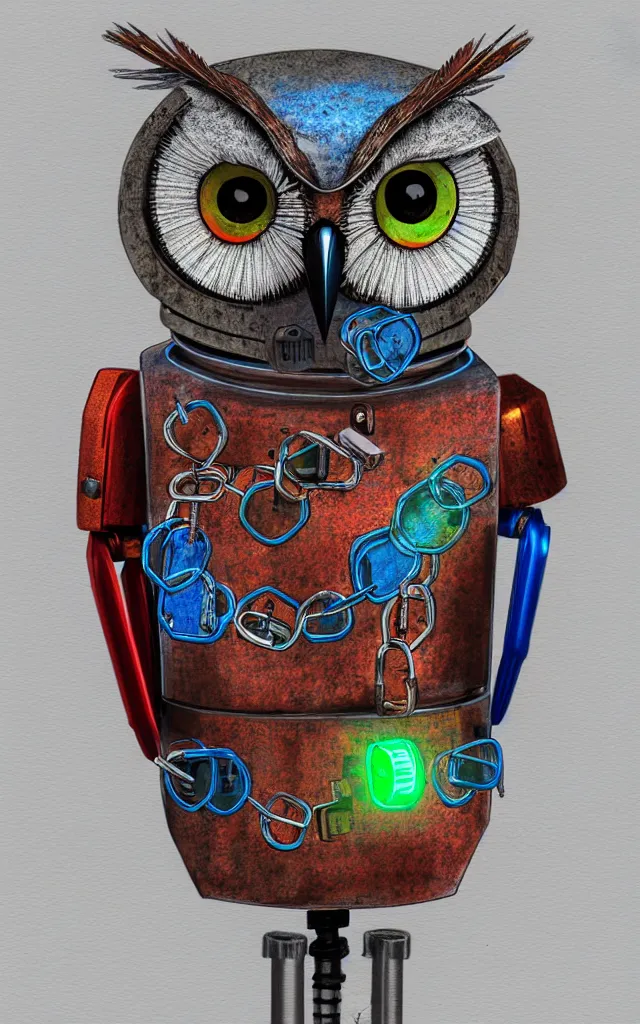 Image similar to colored pencil and pen drawing of an animatronic robot owl - bird made from rusty old keys and padlocks, 4 k photorender realityengine