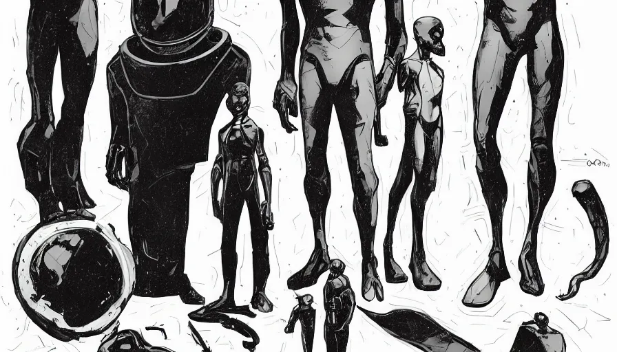 Image similar to male, elongated figure, space suit, sketch, large shoulders, short torso, long thin legs, tiny feet, character sheet, very stylized, digital art, illustration, pen and ink, by mike mignola, by alex maleev