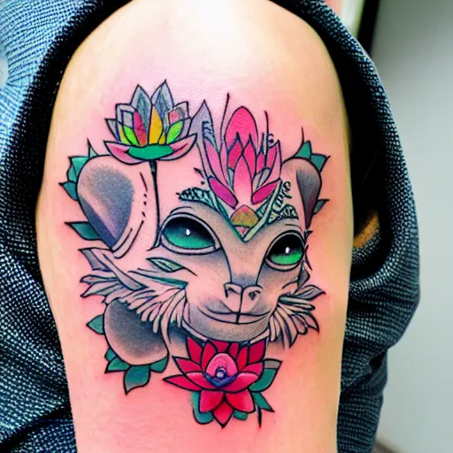 Image similar to shoulder tattoo of a meditating cute bush baby with trippy eyes and glowing multicolored chakra symbols, surrounded with colorful lotus flowers, insanely integrate