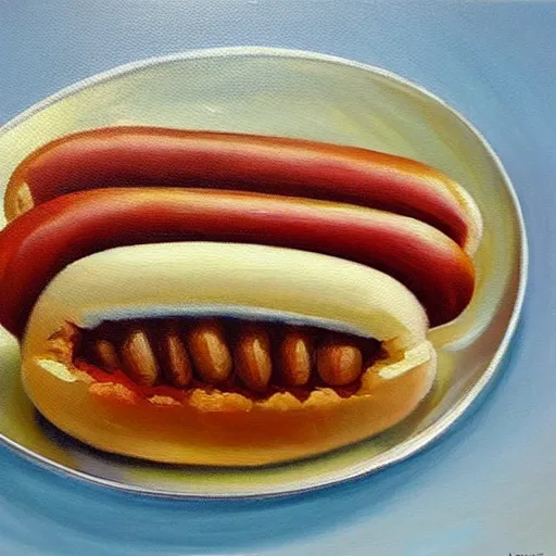 Image similar to a beautiful oil painting of a hotdog on a silver plate. colorful. masterpiece.
