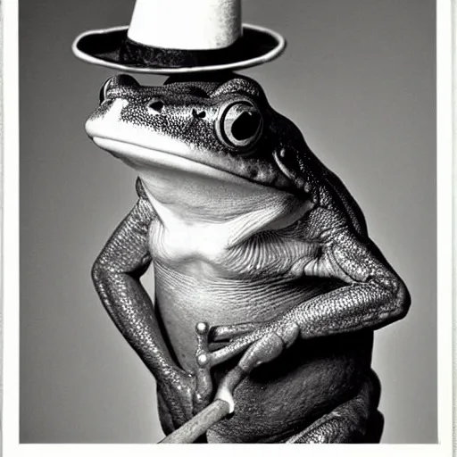 Prompt: A photo of a frog with a hat, he looks very sophisticated, he has a walking stick old photo