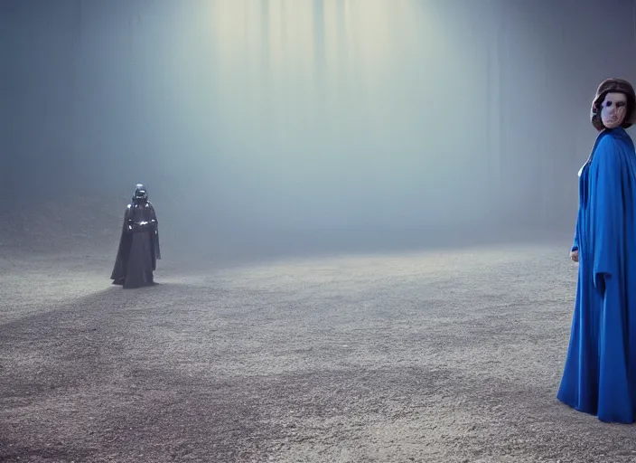 Prompt: film still of kate middleton as princess leia in star wars movie, long braided hair pulled back, darth vader looming behind her, wearing blue robe, deep focus, glamour pose, dramatic lighting, octane, mist, steve mccurry, volumetric lighting, 8 k