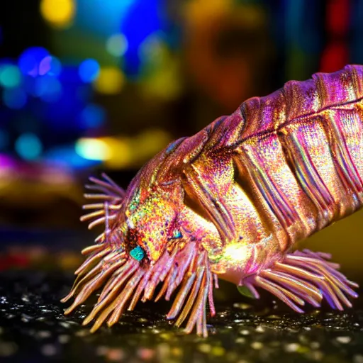 Prompt: Isopods partying at the club, disco lights, bokeh, fish in the background