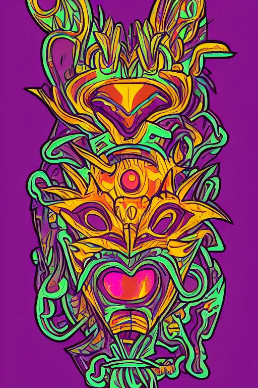 Image similar to animal mask totem roots flower tribal feather gemstone plant wood rock shaman vodoo video game vector cutout illustration vivid multicolor borderlands comics by josan gonzales and dan mumford radiating a glowing aura