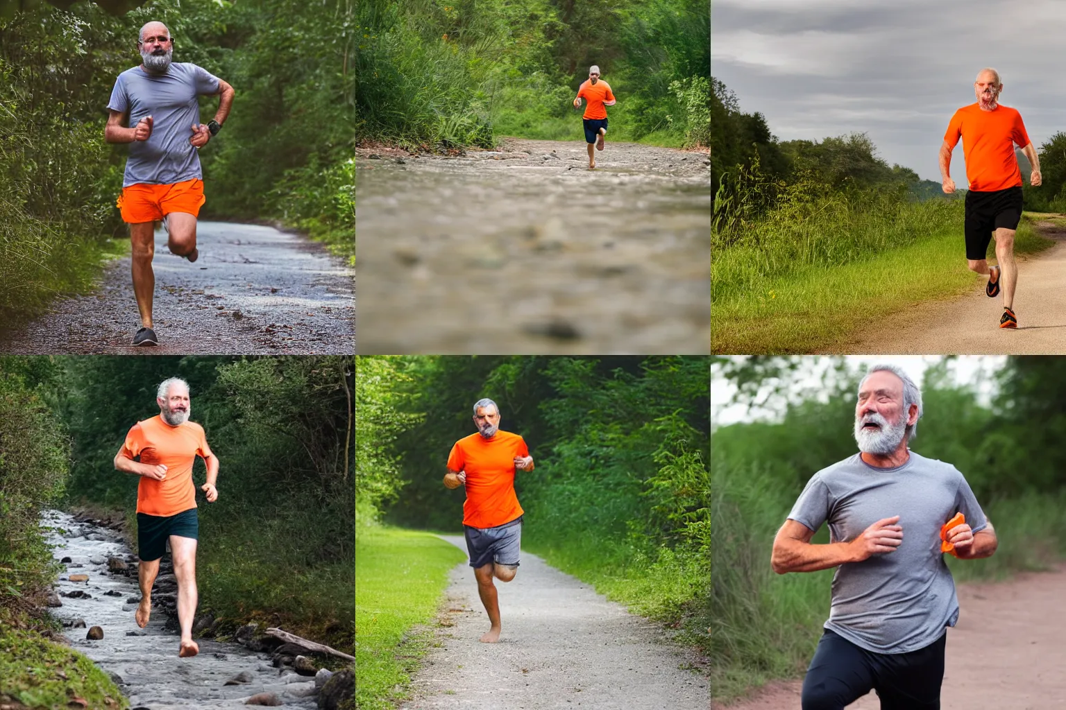 Prompt: a man with a short grey beard, orange tee-shirt, running barefoot along a path beside a river
