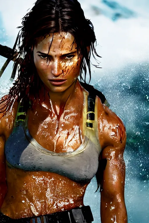 Prompt: a film still of lara croft, close up face, muscular, drenched body, photography, wet dripping hair, emerging from the water