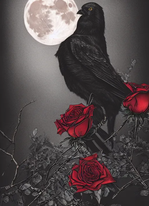 Image similar to portrait, A crow with red eyes in front of the full big moon, book cover, red roses, red white black colors, establishing shot, extremly high detail, foto realistic, cinematic lighting, pen and ink, intricate line drawings, by Yoshitaka Amano, Ruan Jia, Kentaro Miura, Artgerm, post processed, concept art, artstation, matte painting, style by eddie mendoza, raphael lacoste, alex ross