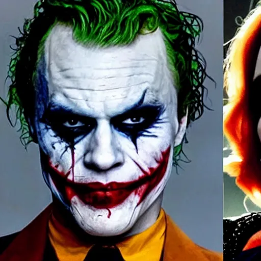 Prompt: heath ledger as the joker on the left, margot robbie as harley quinn on the right, cinematic, close up, anomorphic lens, low lighting