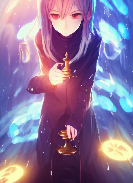 Image similar to rimuru playing chess, with golden eyes, straight sky blue hair, long bangs, black jacket, high collar, concept art, award winning photography, digital painting, cinematic, by wlop, anime key visual, wlop, 8 k, by ross tran, chengwei pan, paul kwon,