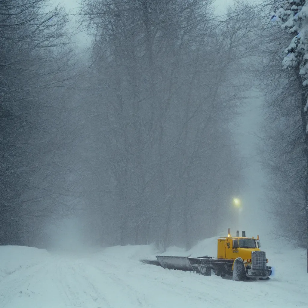 Image similar to photo, big snow plow truck is in the distance with a bright headlighta. cold color temperature, snow storm. hazy atmosphere. humidity haze. kodak ektachrome, greenish expired film, award winning, low contrast,