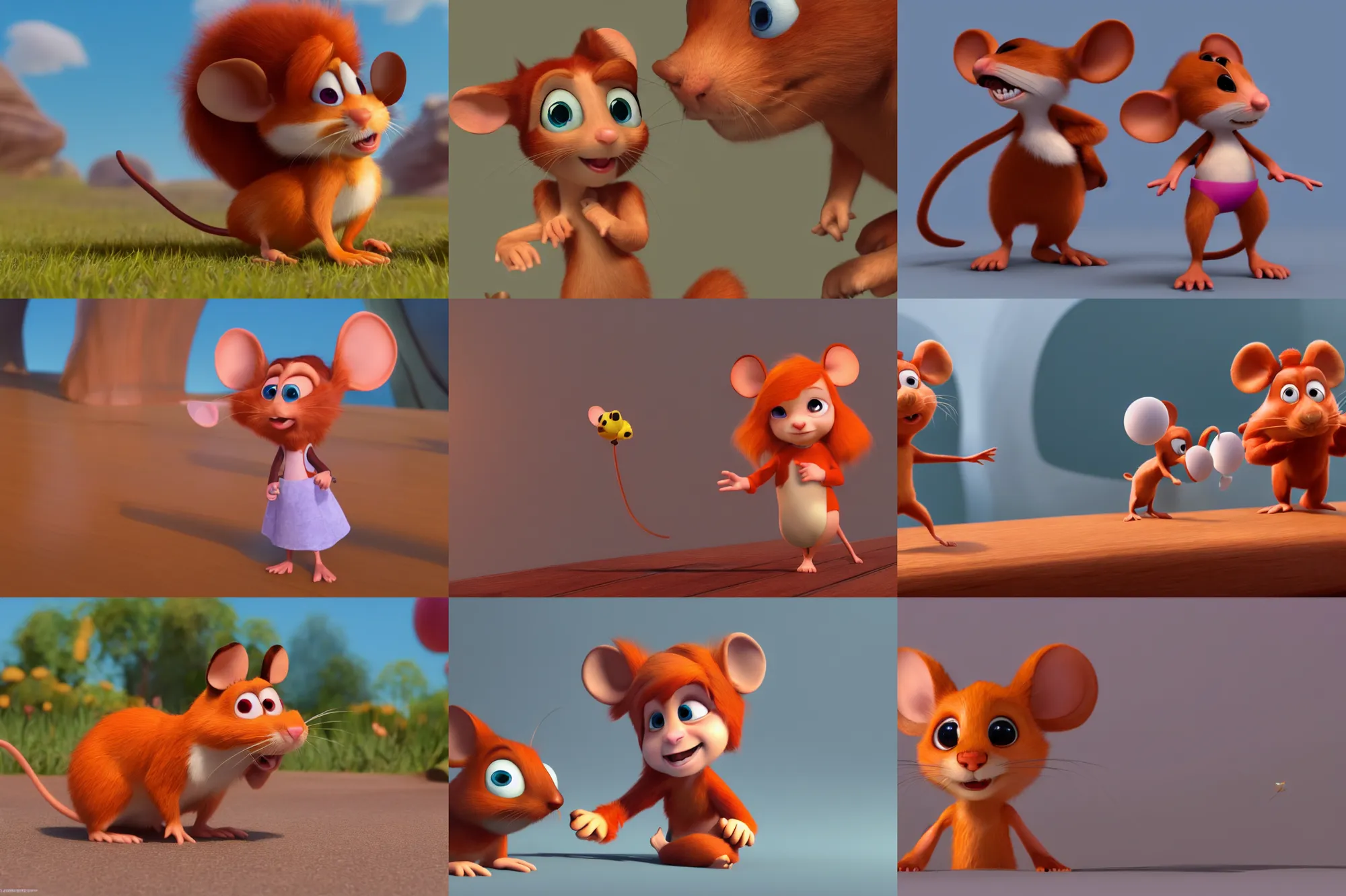 Prompt: still from pixar movie with cute female redhead mouse, high quality 3d render, movie, Pixar, Renderman, 4k, artstation