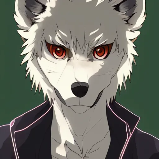 Image similar to key anime visual portrait of an anthropomorphic anthro wolf fursona, in a jacket, with handsome eyes, official modern anime art