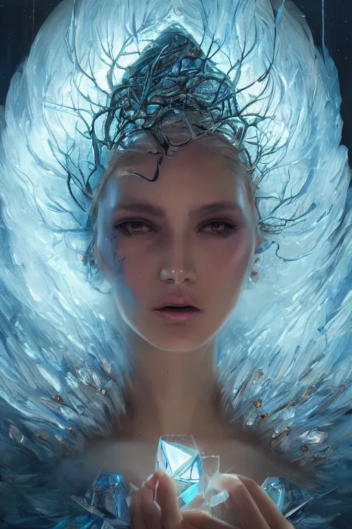 Prompt: face closeup of beautiful model wearing glass crystal ice dress, sorcerer, diamonds, angel, fantasy, dramatic lighting, highly detailed, digital painting, holding electricity, magic the gathering, hyper detailed, 3 d render, hyper realistic detailed portrait, peter mohrbacher, wlop, ruan jia