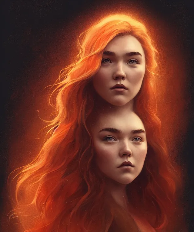 Prompt: florence pugh by charlie bowater and titian and artgerm, full - body portrait, intricate, face, forest, elegant, orange mist, beautiful, highly detailed, dramatic lighting, sharp focus, trending on artstation, artstationhd, artstationhq, unreal engine, 4 k, 8 k