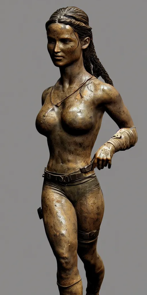 Image similar to detailed photo of an old bronze patina statue of beautiful lara croft, full body portrait, photorealism, intricate detail, museum diffuse lighting