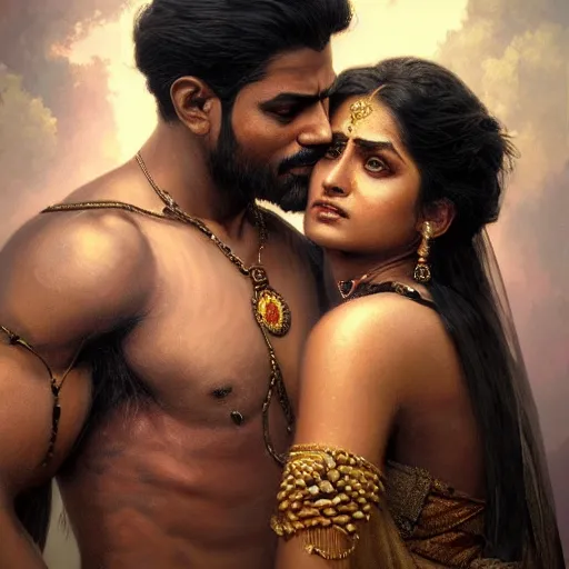 Image similar to portrait painting of dark muscular indian royal couple hugging, ultra realistic, concept art, intricate details, eerie, highly detailed, photorealistic, octane render, 8 k, unreal engine. art by artgerm and greg rutkowski and alphonse mucha