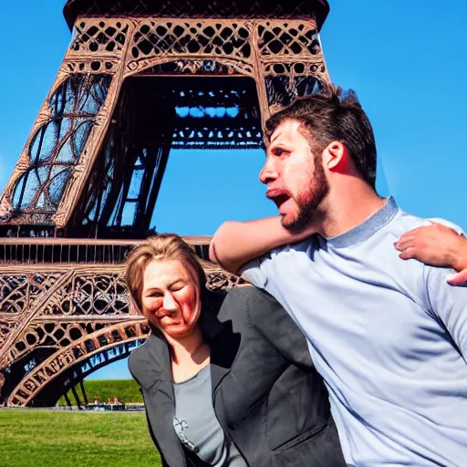 Prompt: a woman slaps a man on the cheek, effeil tower in the background