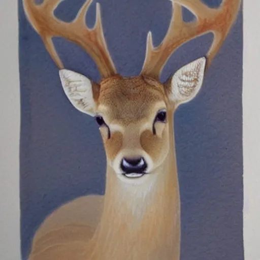 Image similar to a beautiful calming watercolour painting of a deer. soft colours. light. deer portrait. symmetric.