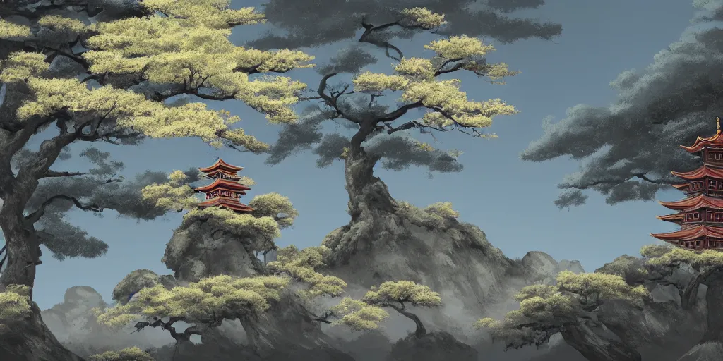 Prompt: digital painting of old japanese landscape with pagoda, curved trees and rocks, detailed, high quality, trending on artstation, 8 k, award winning