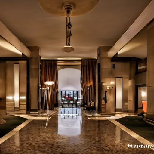 Prompt: photo in an empty hotel lobby, steaming cup of cappuccino on a low table, croissant on a plate, coffee spoon on a napkin, liminal, diffuse light, hdr, dslr