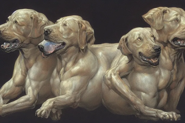 Image similar to hyperdetailed matte art of a three headed dog cerberus by william blake, ilya repin, amano, rene magritte, craig mullins, three headed dog cerberus, details