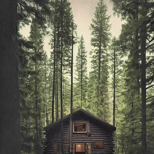 Image similar to cabin in the woods, pine trees, hyper realistic, national geographic cover, photograph, f 8. 0, 3 2 mm, polaroid