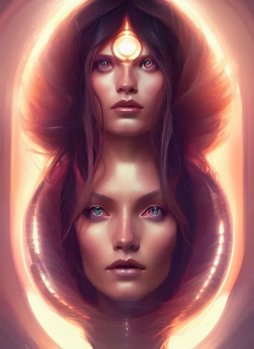 Image similar to futuristic woman portrait, sci-fi, amber eyes, face, long hair, fantasy, intricate, elegant, highly detailed, digital painting, artstation, concept art, smooth, sharp focus, illustration, art by artgerm and greg rutkowski and alphonse mucha